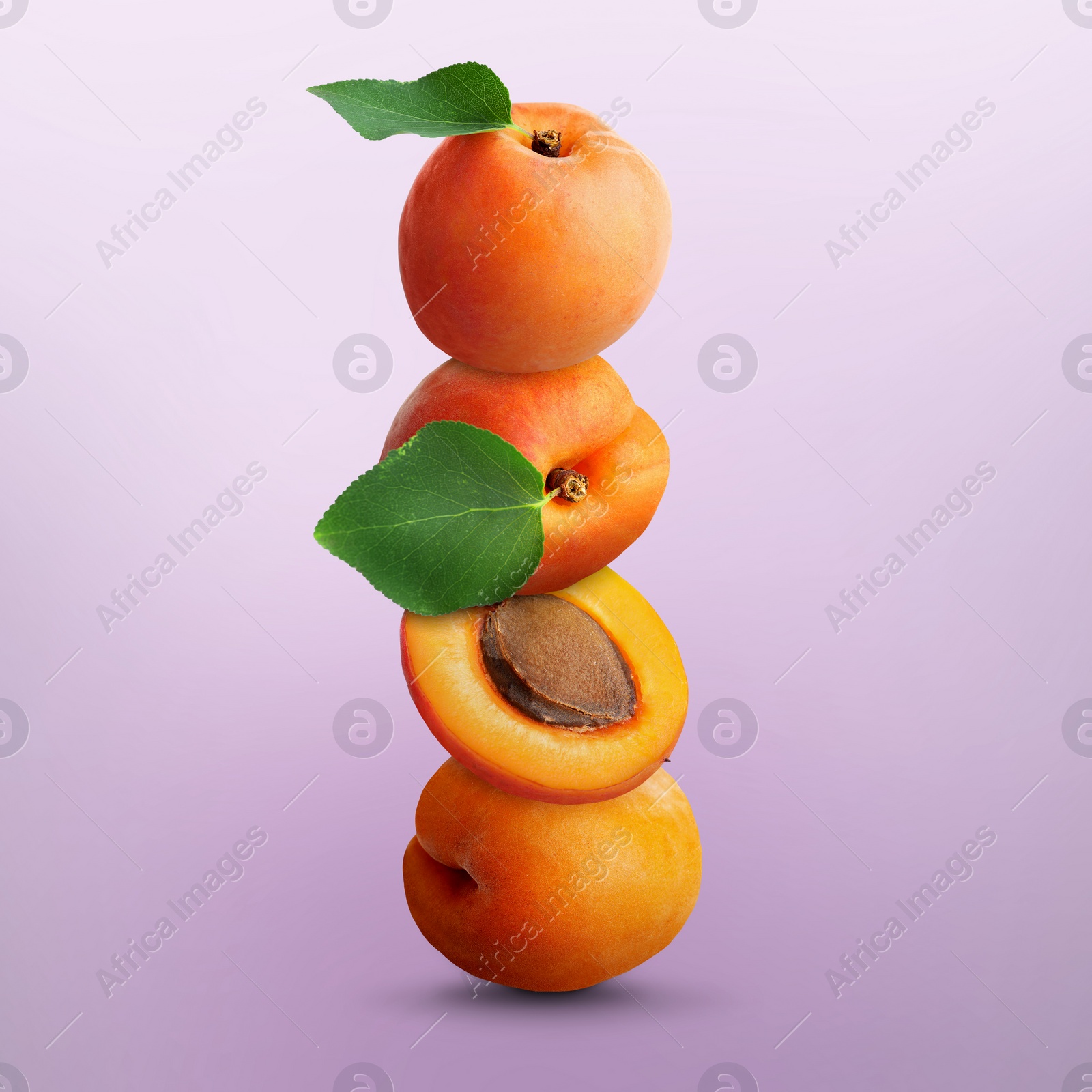 Image of Stack of fresh ripe apricots on light violet gradient background