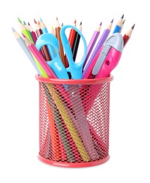 Photo of Pink holder with different school stationery on white background