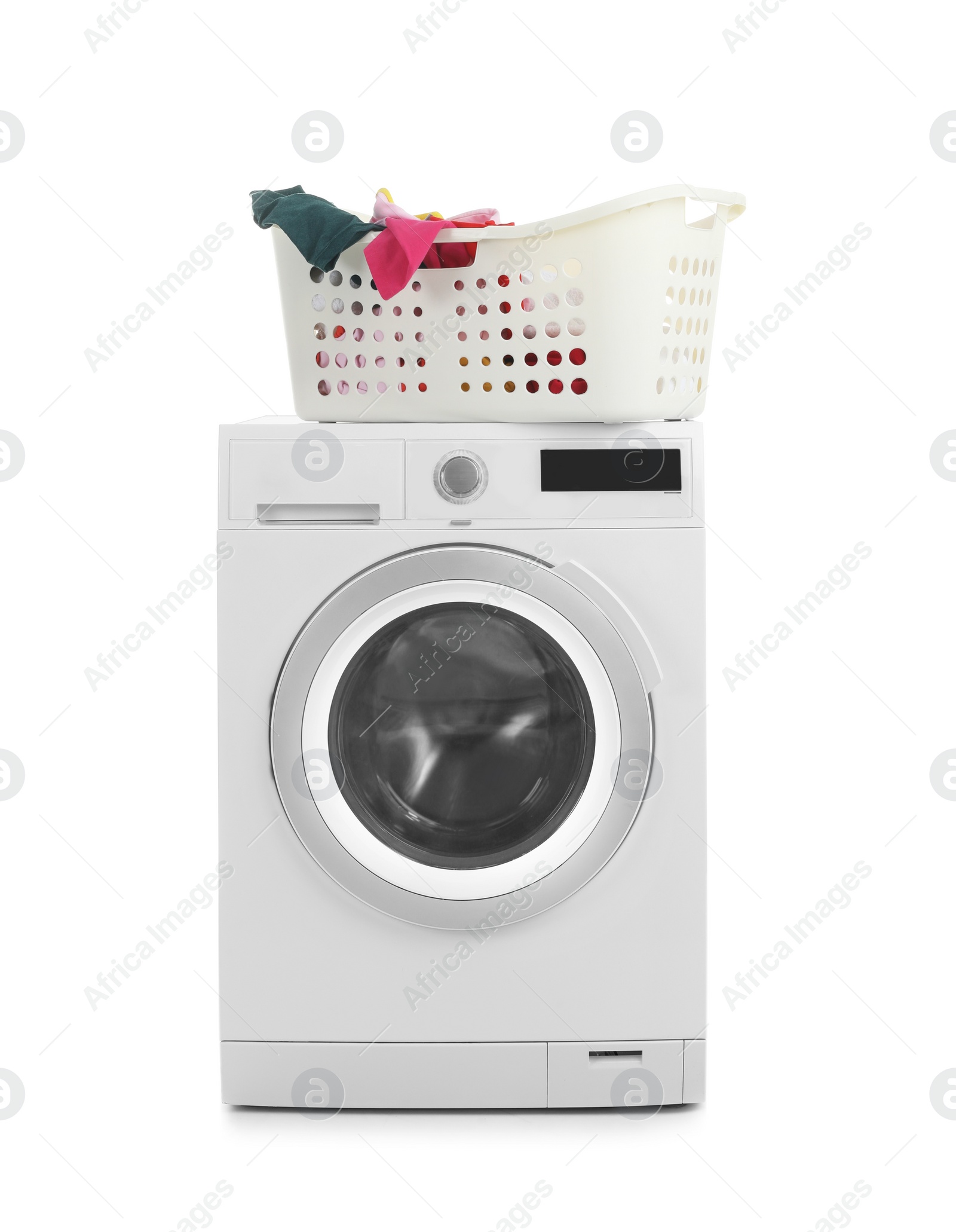 Photo of Modern washing machine and basket with laundry on white background