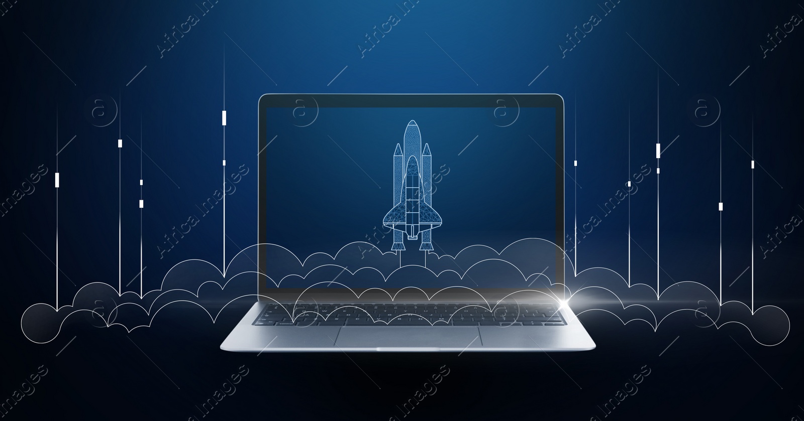 Image of Business startup concept. Illustration of launching rocket with smoke over laptop against blue gradient background, banner design