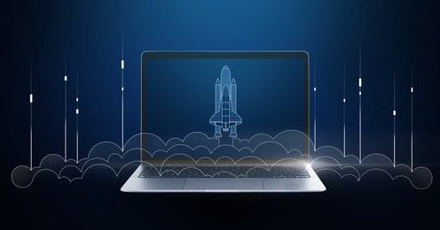Image of Business startup concept. Illustration of launching rocket with smoke over laptop against blue gradient background, banner design