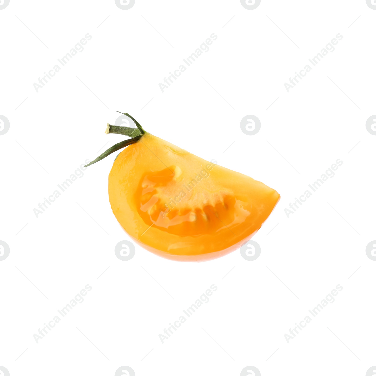 Photo of Piece of delicious ripe yellow tomato isolated on white