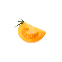 Photo of Piece of delicious ripe yellow tomato isolated on white