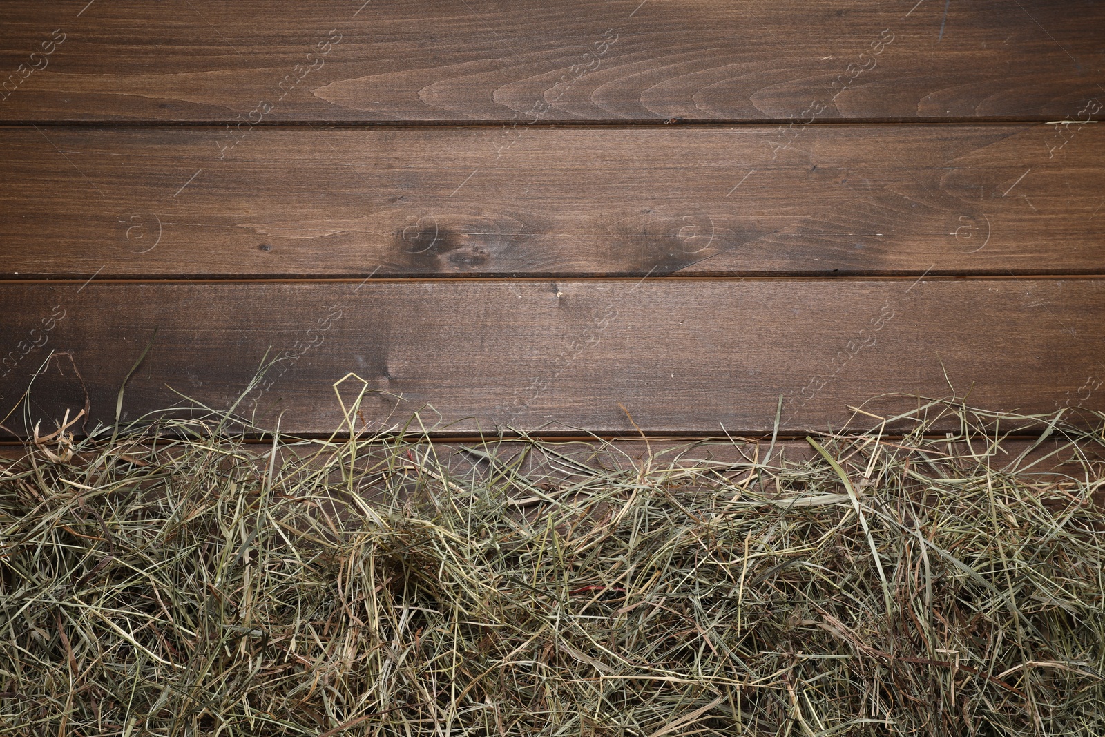 Photo of Dried hay on wooden table, top view. Space for text