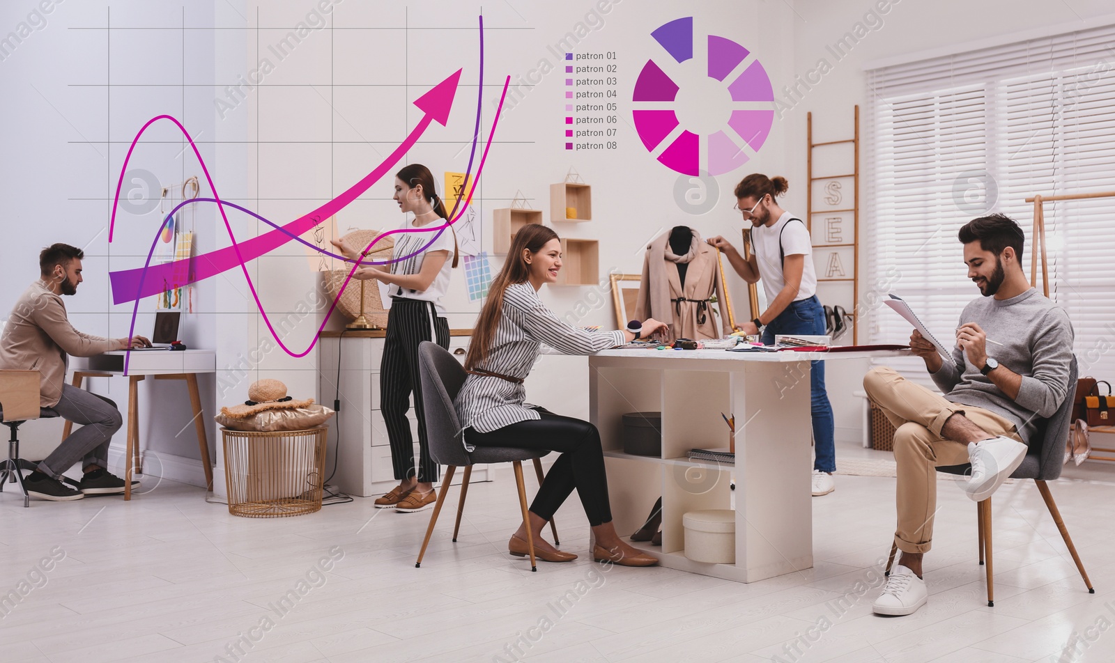 Image of Fashion designers creating new clothes in studio and illustration of colorful graphs 