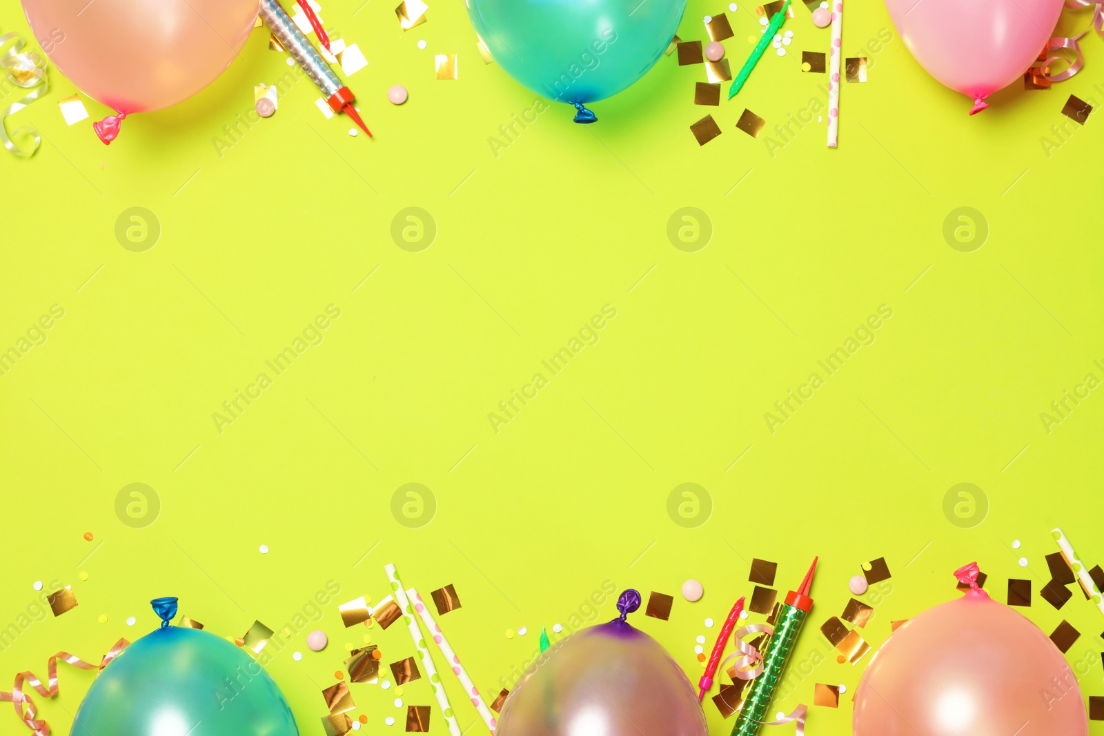 Photo of Flat lay composition with colorful balloons and space for text on color background