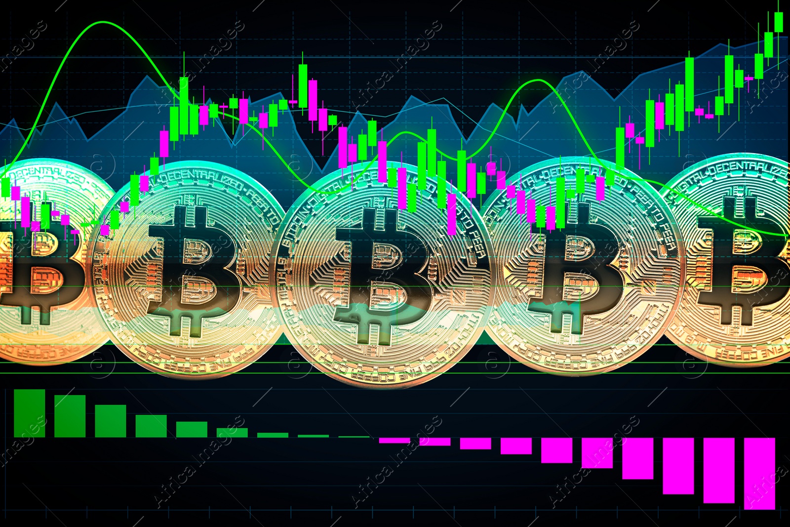 Image of Cryptocurrency trading. Bitcoins and graphs, double exposure