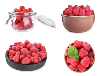 Image of Set of fresh ripe tasty raspberries on white background