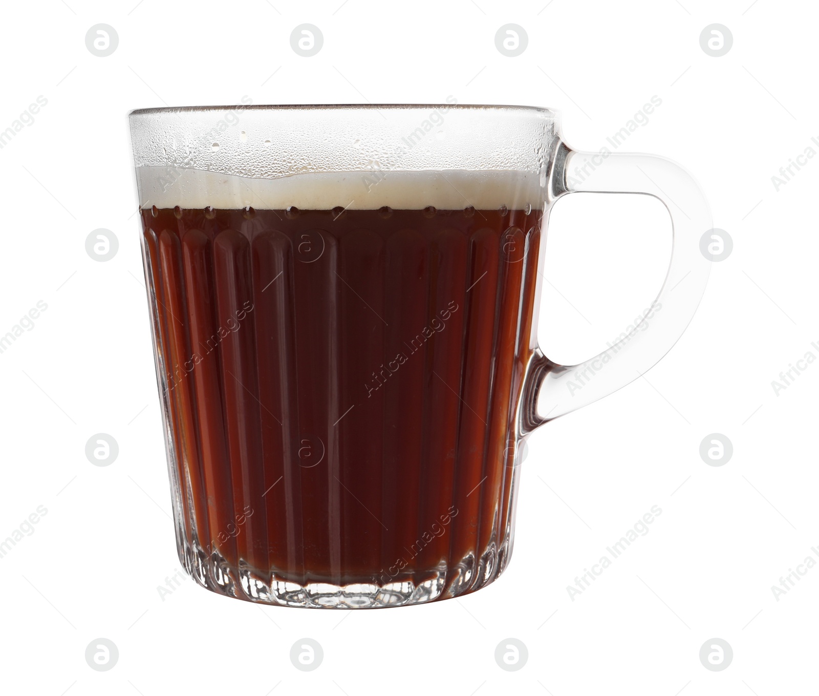 Photo of Tasty coffee in glass cup isolated on white