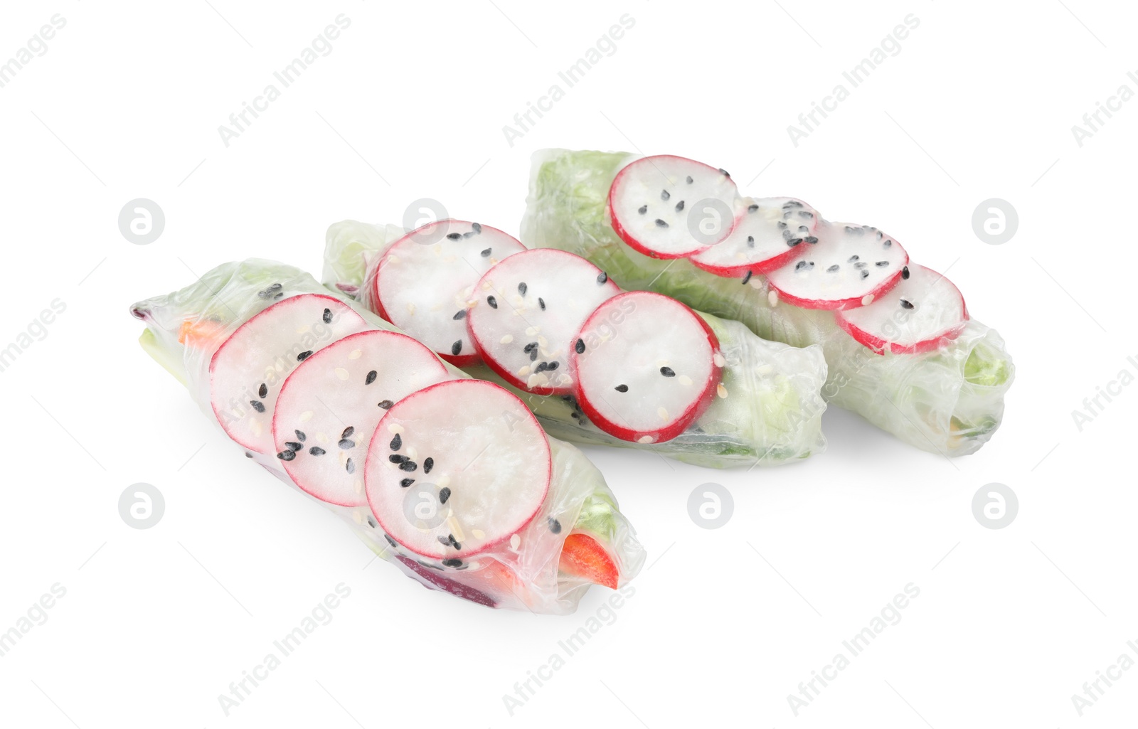 Photo of Delicious spring rolls wrapped in rice paper isolated on white