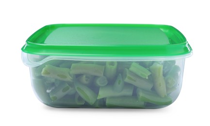 Photo of Fresh green beans in plastic container isolated on white