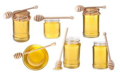 Image of Natural honey, glass jars and dippers isolated on white, set