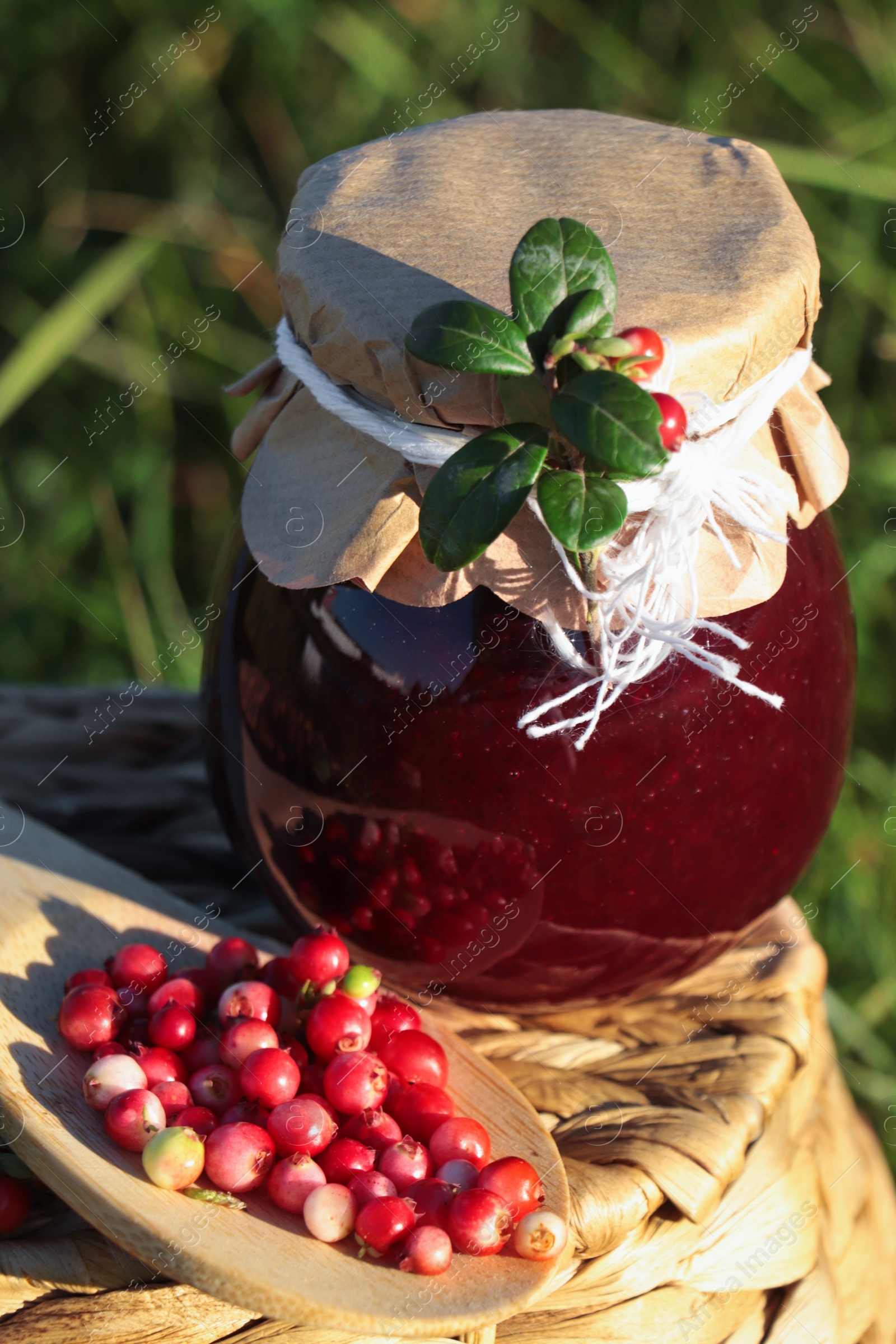 Photo of Jar of delicious lingonberry jam and red berries on wicker basket outdoors