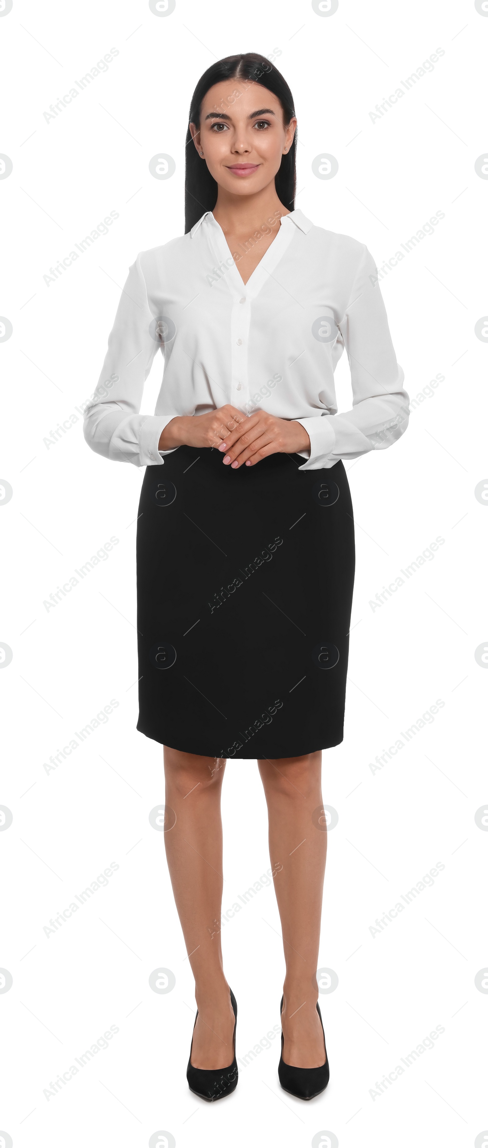 Photo of Full length portrait of hostess in uniform on white background