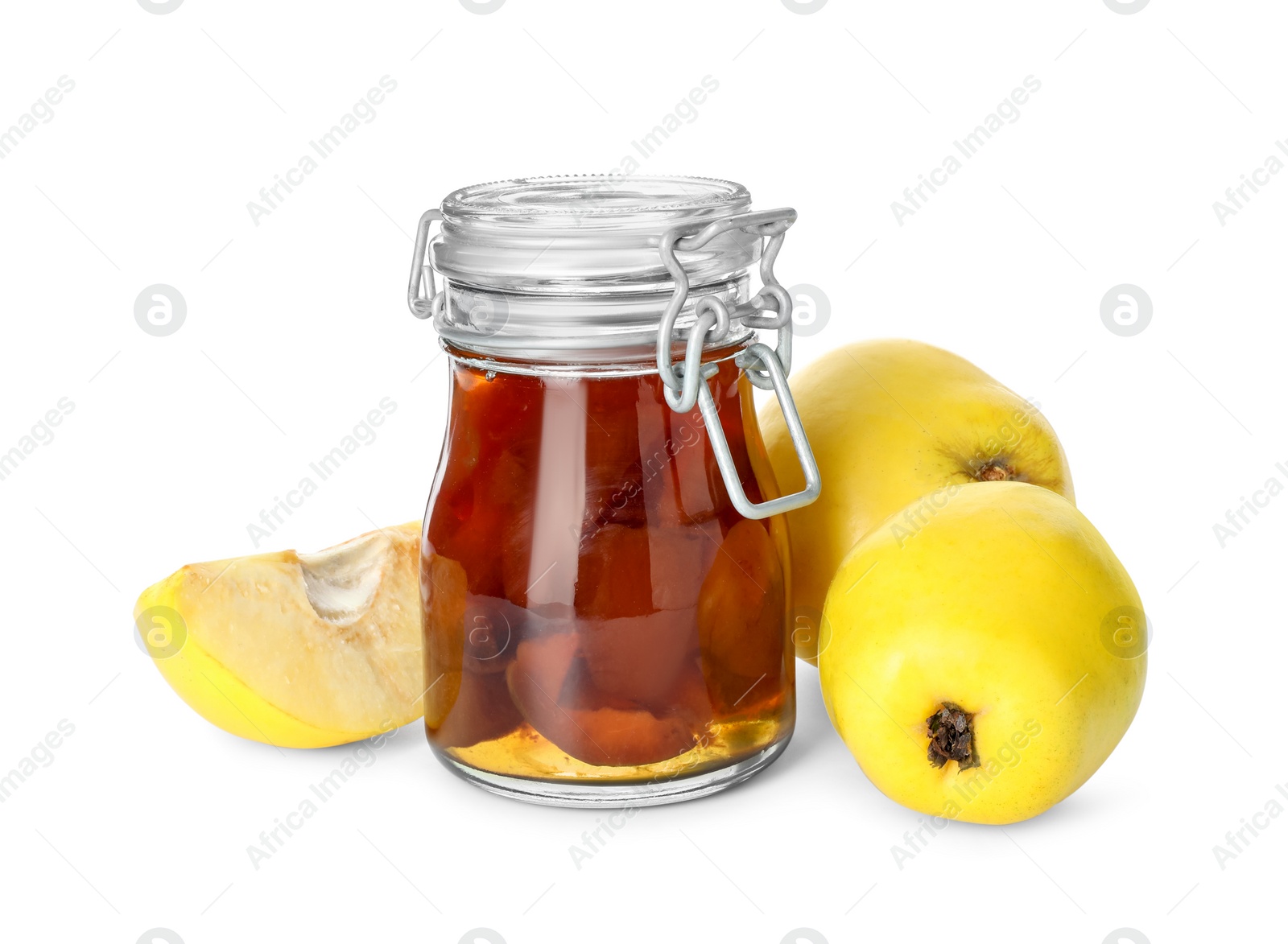 Photo of Tasty homemade quince jam in jar and fruits isolated on white
