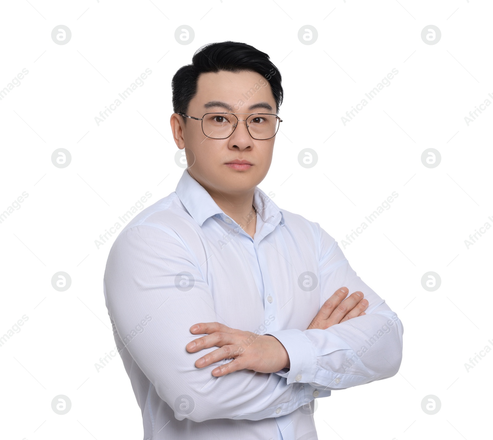 Photo of Businessman in formal clothes wearing glasses on white background