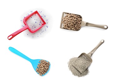 Image of Set with different plastic scoops and cat litters on white background, top view