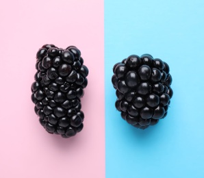 Fresh ripe blackberries on color background, flat lay