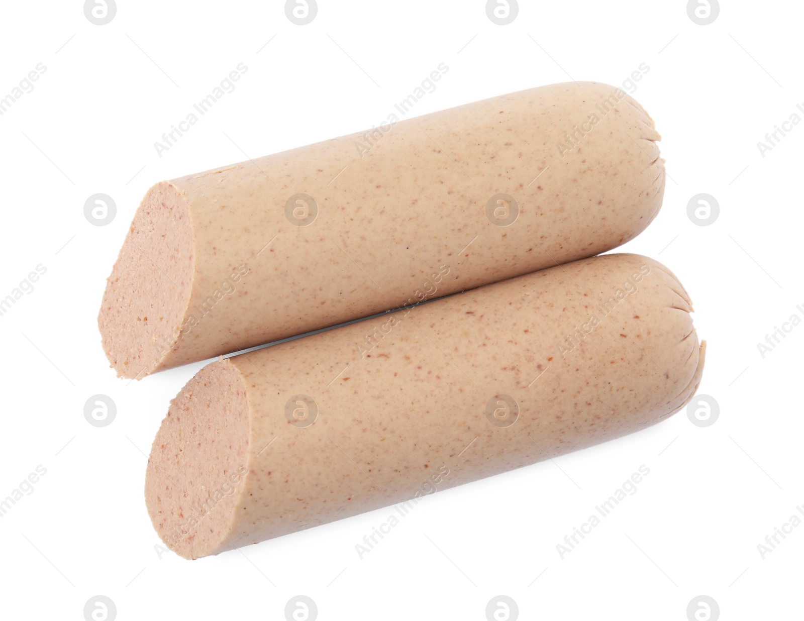 Photo of Pieces of delicious liverwurst on white background, top view