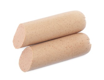 Photo of Pieces of delicious liverwurst on white background, top view