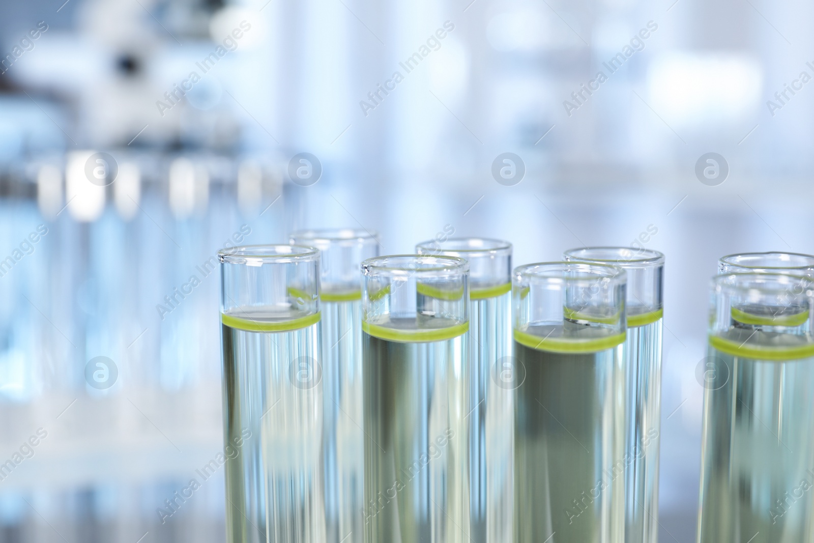 Photo of Test tubes with liquid on blurred background, closeup. Laboratory analysis