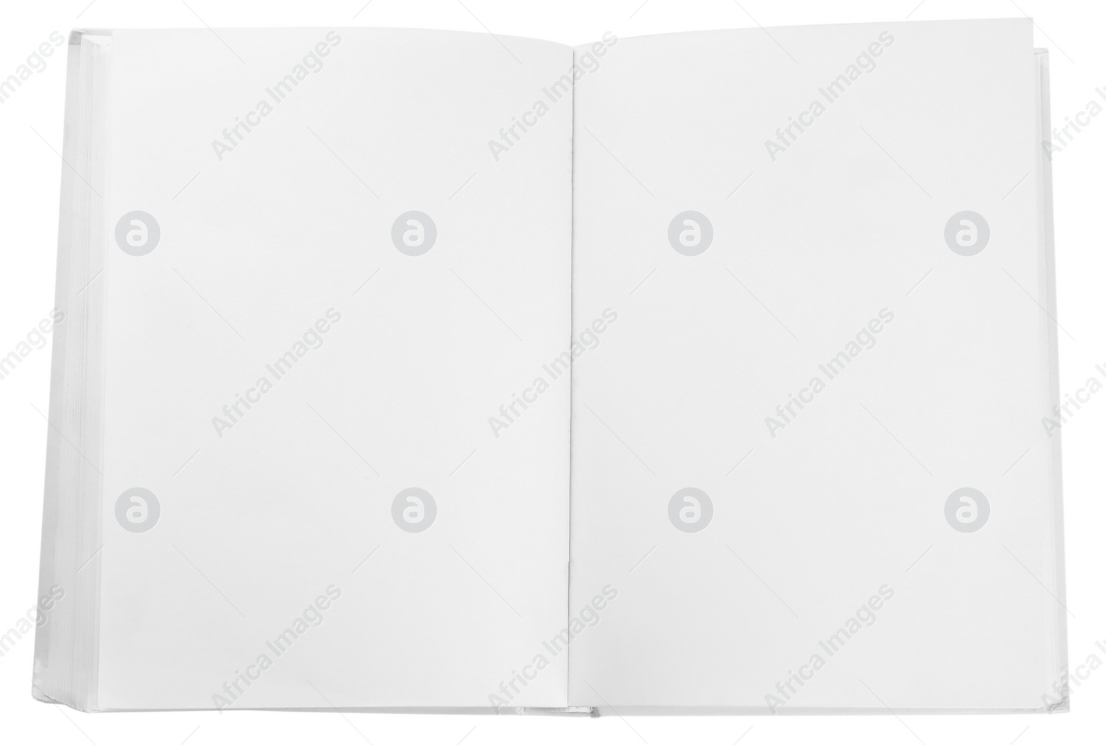 Photo of Open hardcover book isolated on white, top view