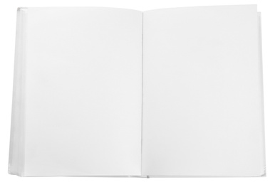 Photo of Open hardcover book isolated on white, top view