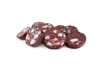 Photo of Slices of tasty blood sausage on white background