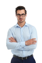 Photo of Young male teacher with glasses on white background