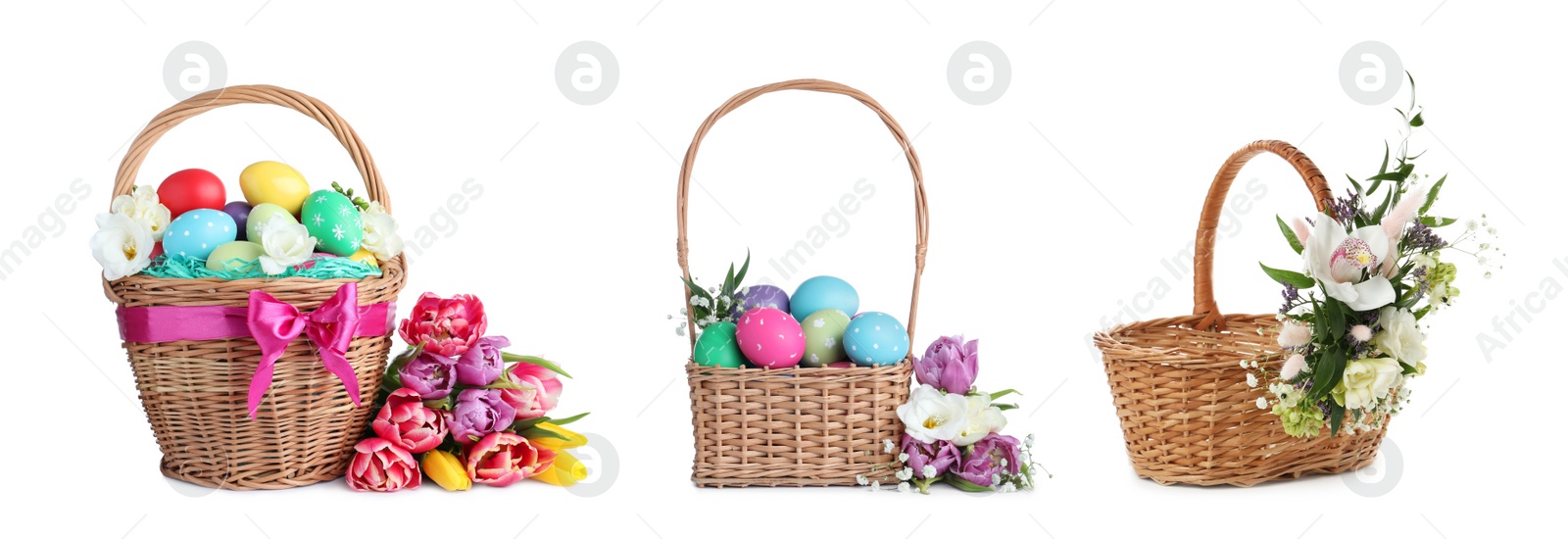 Image of Set with wicker baskets on white background, banner design. Easter item