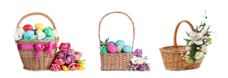 Image of Set with wicker baskets on white background, banner design. Easter item