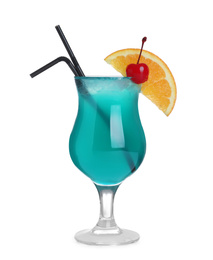 Photo of Fresh alcoholic Blue Lagoon cocktail isolated on white