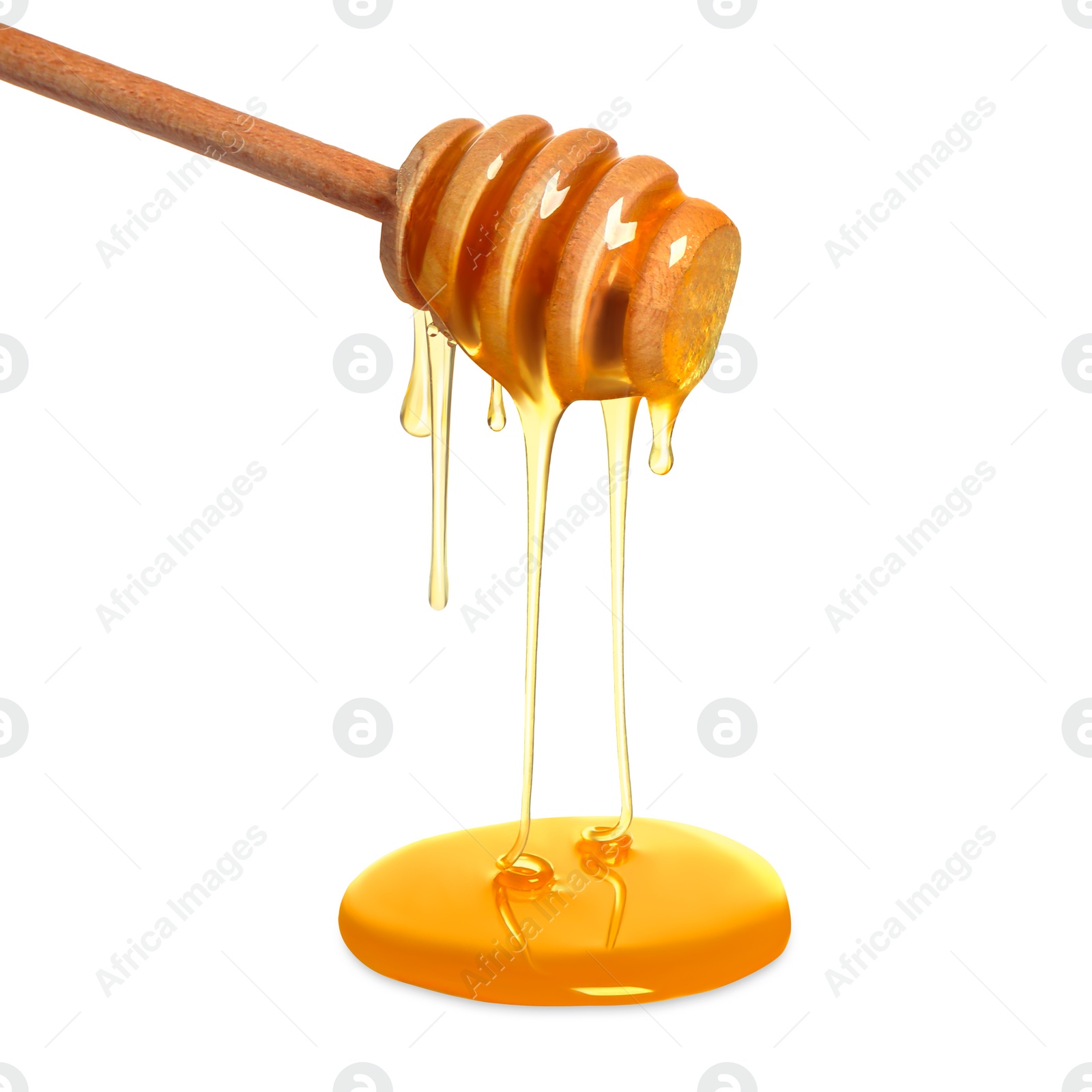 Image of Natural honey dripping from dipper on white background