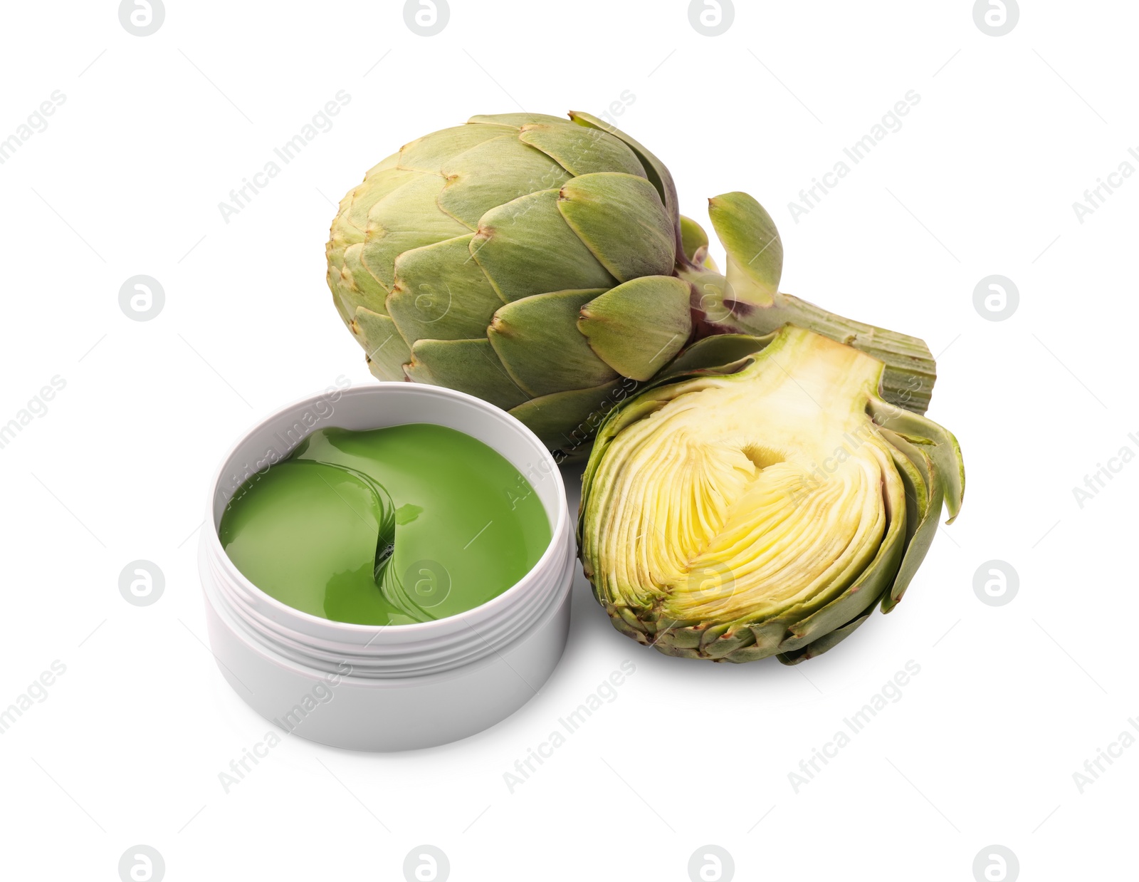 Photo of Package of under eye patches and artichoke on white background. Cosmetic product