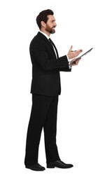 Handsome man with clipboard on white background