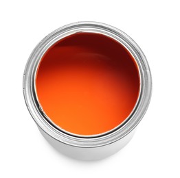 Photo of Can with orange paint on white background, above view