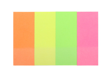 Photo of Colorful sticky notes isolated on white, top view. School stationery