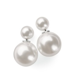 Photo of Elegant pearl earrings isolated on white, top view