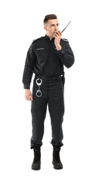 Photo of Male security guard using portable radio transmitter on white background