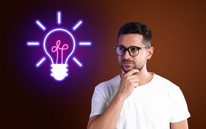 Image of Idea generation. Thoughtful man and illustration of glowing light bulb on color background
