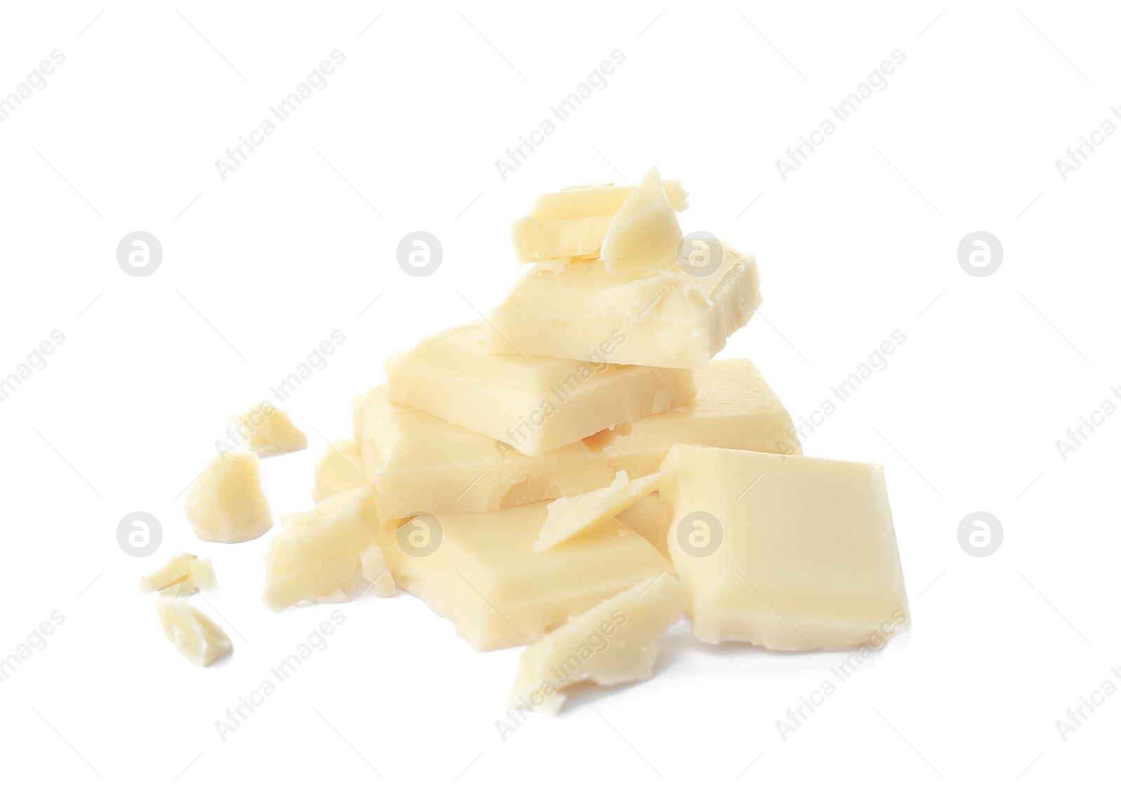 Photo of Delicious chocolate pieces on white background