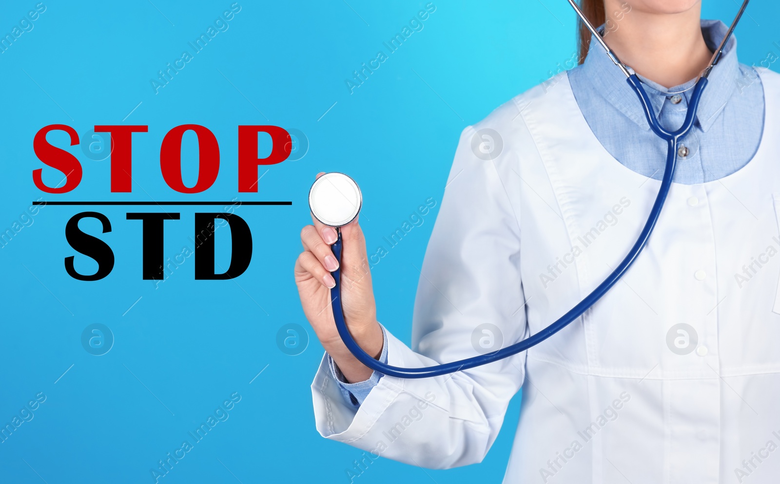 Image of STOP STD. Doctor with stethoscope on light blue background, closeup