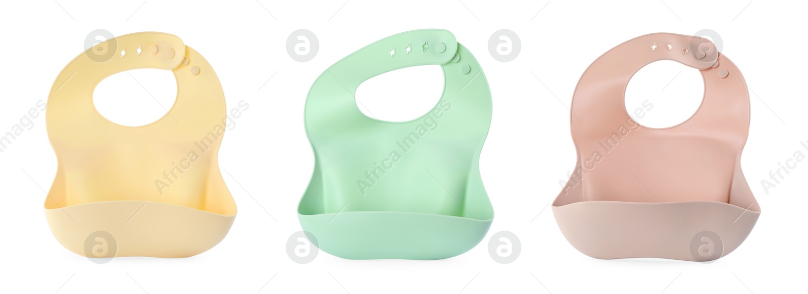 Image of Set with different silicone baby bibs on white background, top view. Banner design