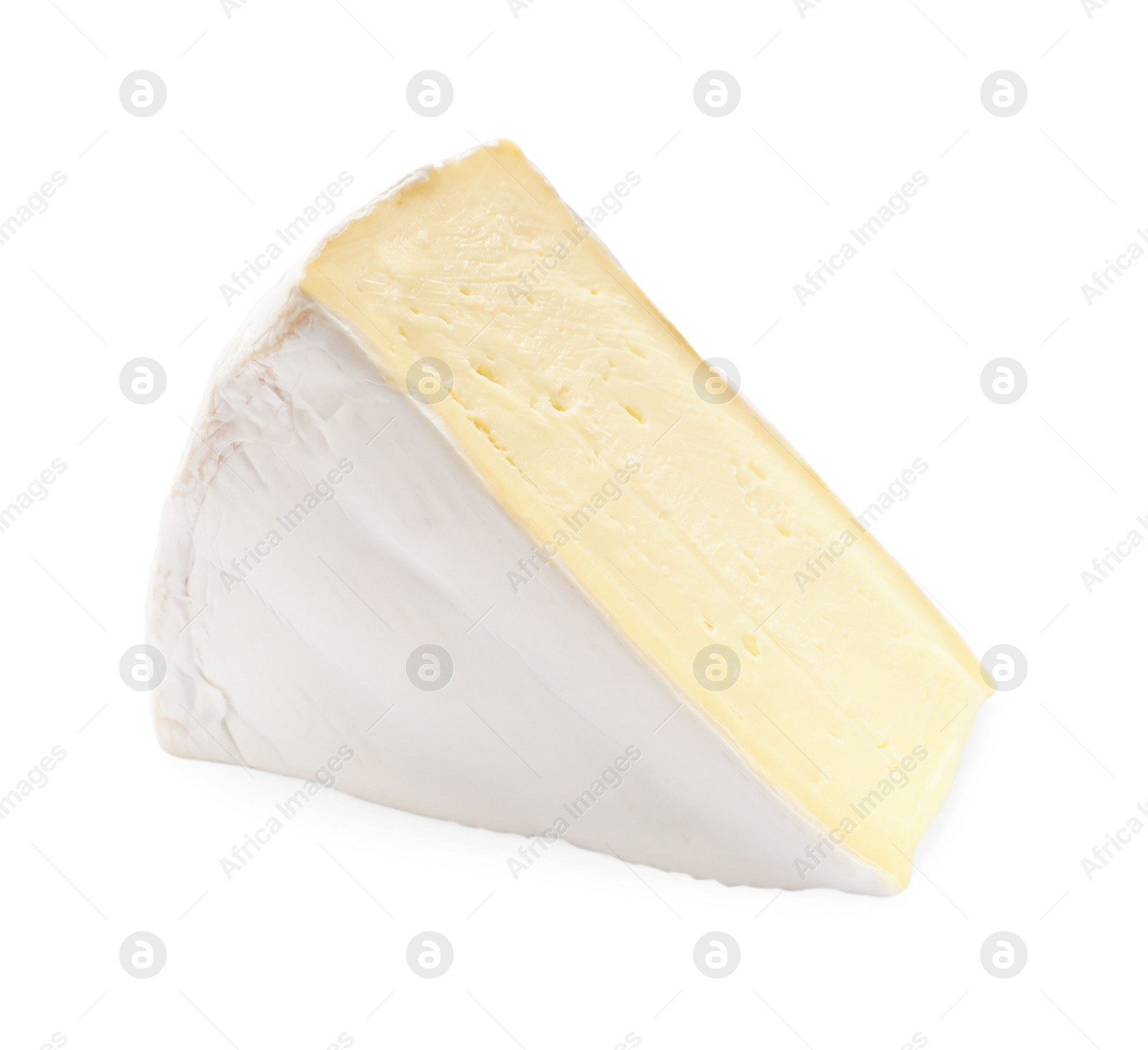 Photo of One piece of tasty camembert cheese isolated on white