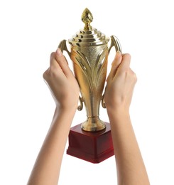 Photo of Woman holding gold trophy cup on white background, closeup