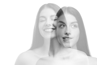 Double exposure of beautiful young woman. Black and white effect