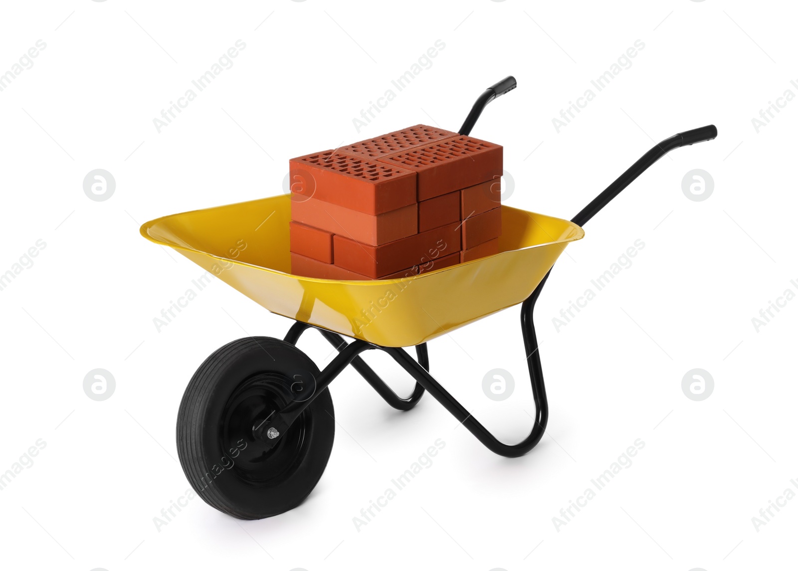 Photo of Red bricks in wheelbarrow on white background