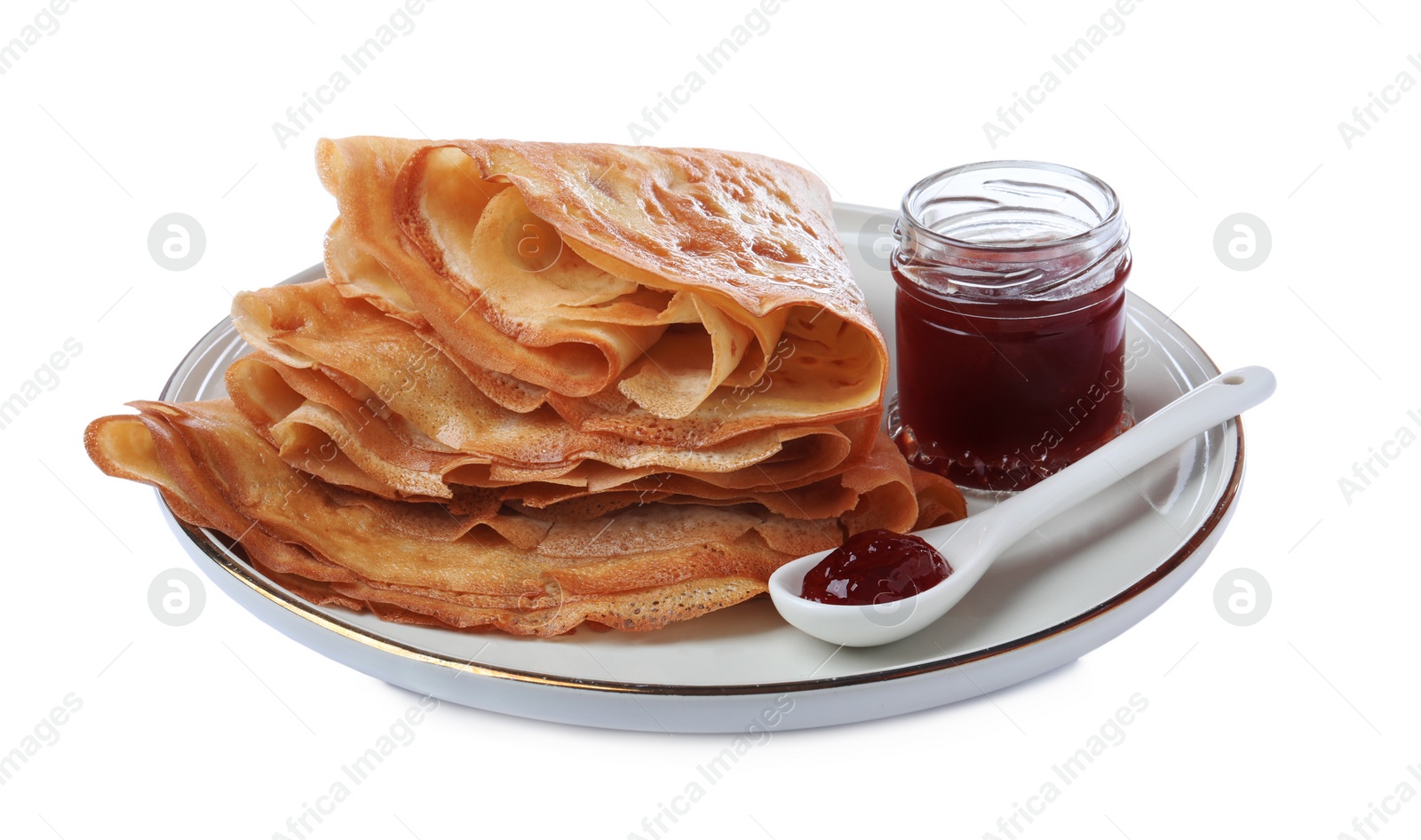 Photo of Delicious crepes with jam on white background