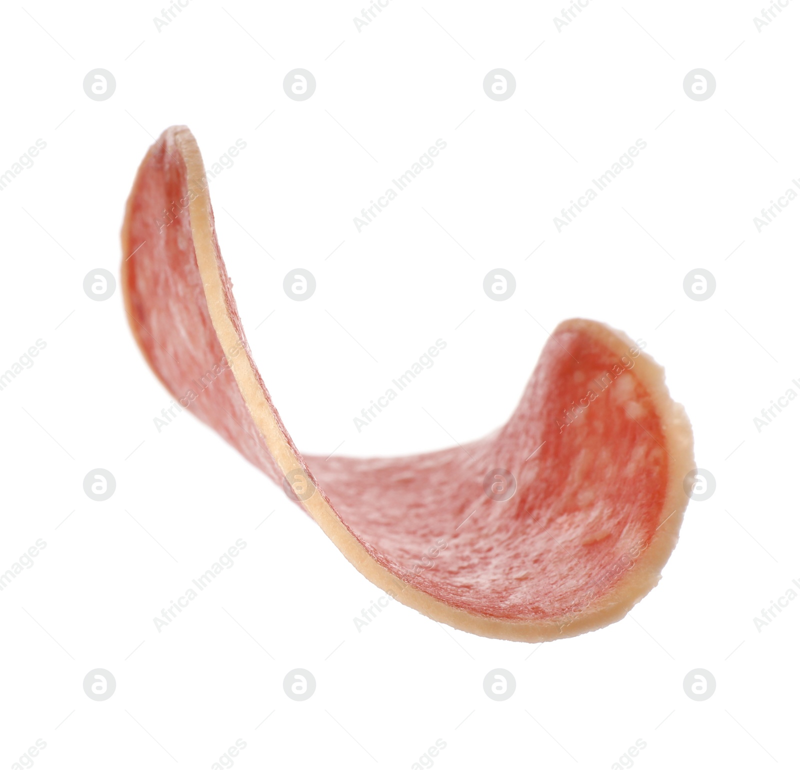 Photo of Piece of salami smoked sausage isolated on white