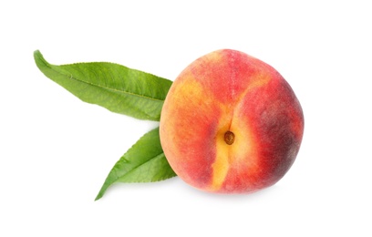 Photo of Delicious ripe juicy peach with leaves isolated on white, top view